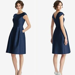 Alfred Sung Cap Sleeve Pleated Cocktail Dress Satin D766 Midnight Navy Blue 14R